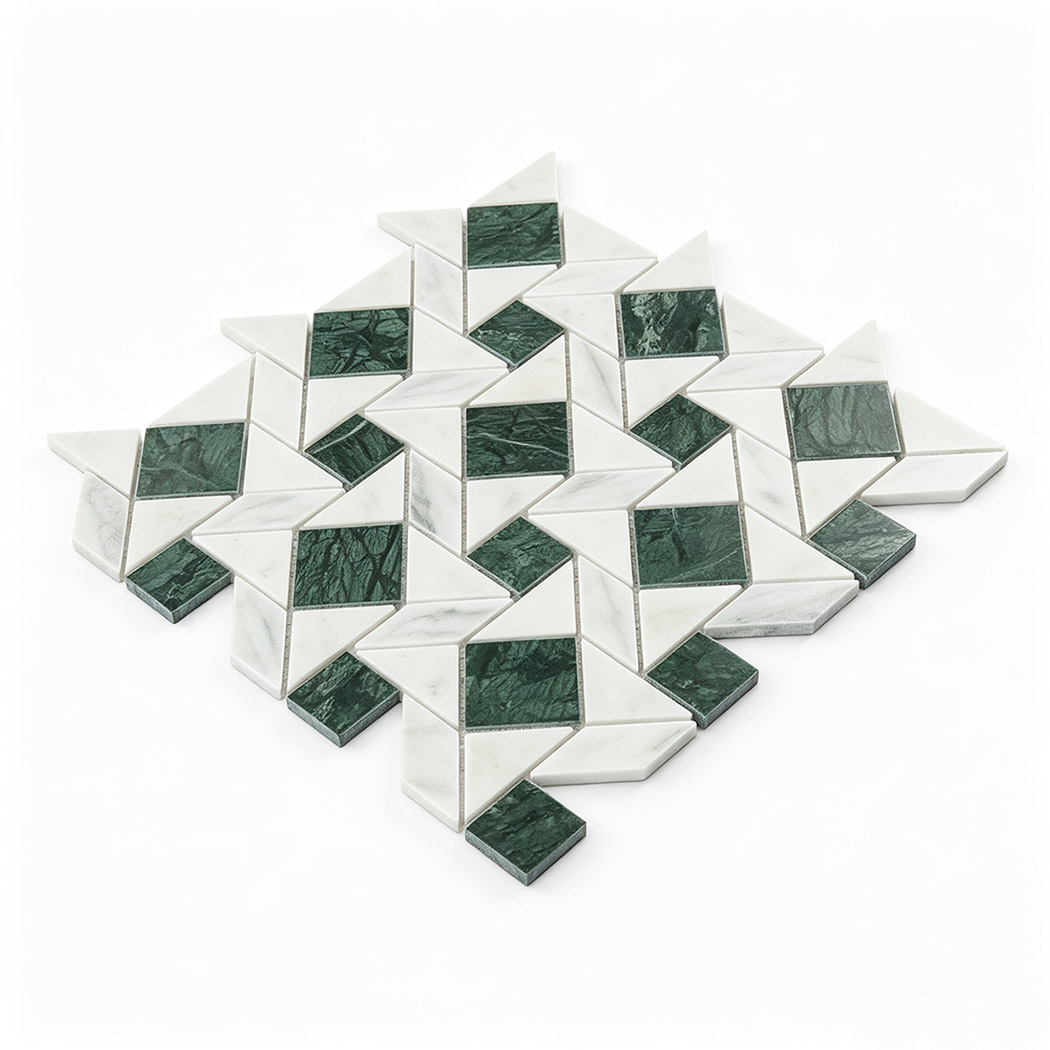 White and green marble geometric mosaic tile sample with angular pattern