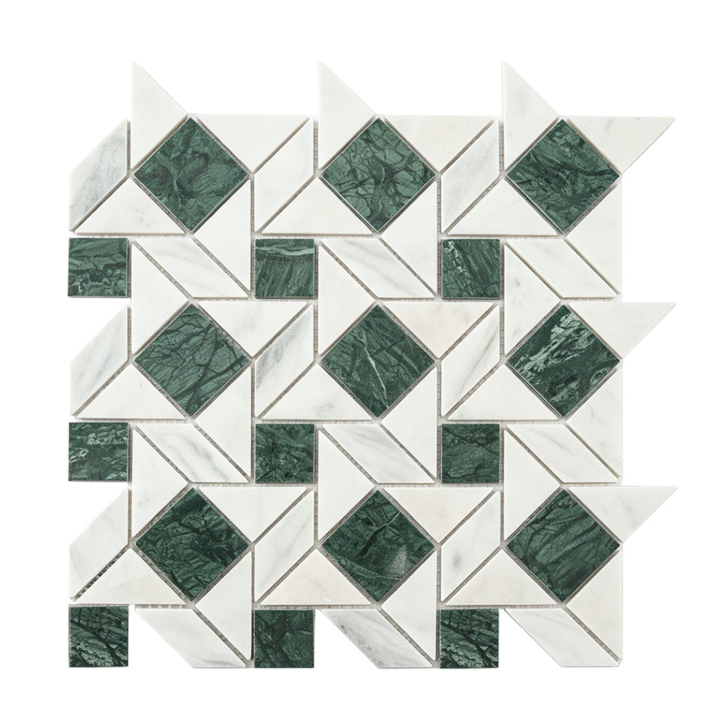 White marble geometric mosaic tile with green marble square accents
