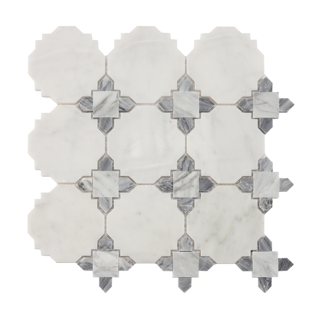 Full sheet of white and gray marble mosaic tile with decorative square accents