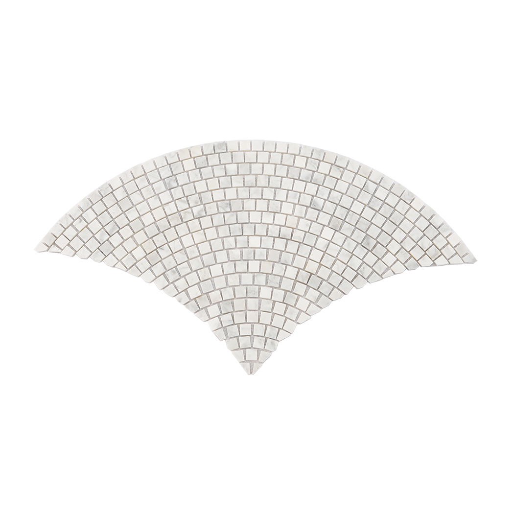 Full sheet of white fan shaped marble mosaic tile with curved square layout