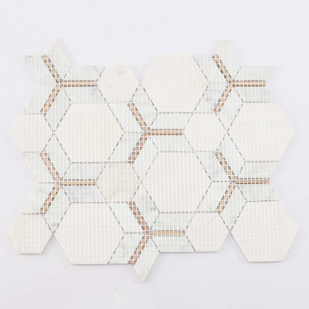 Back view of white hexagon marble mosaic tile with mesh backing and gold lines