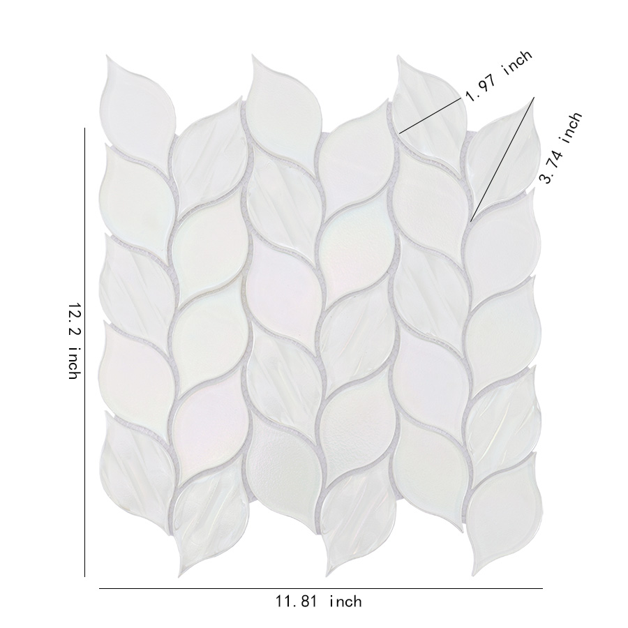 White leaf shaped mosaic tile sheet with size measurements