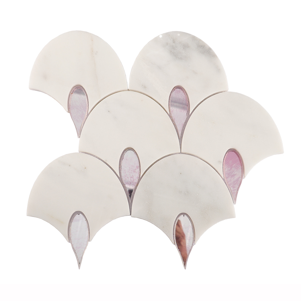 Front view of a white marble fan-shaped mosaic tile with pink glass accents.