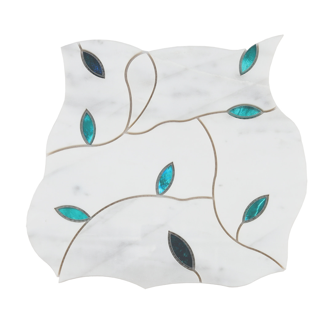 Front view of white marble and glass waterjet mosaic tile 