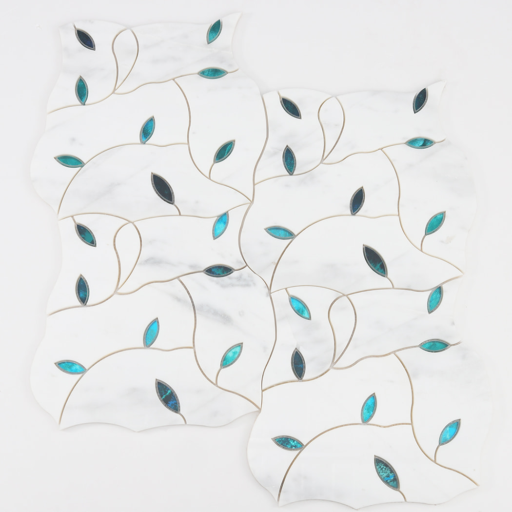 Multiple white marble and glass mosaic tiles arranged to form a continuous flowing 
