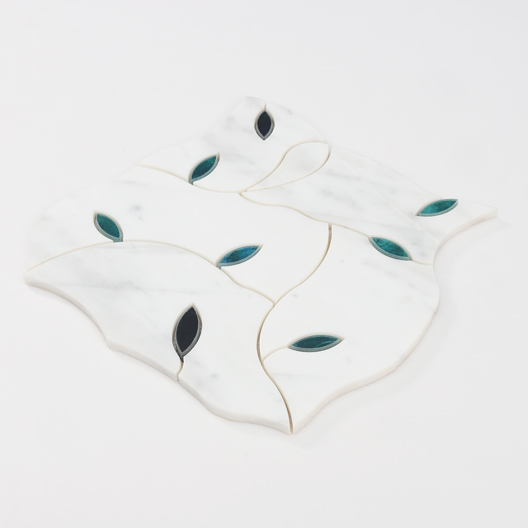 Single sheet of white marble and glass waterjet mosaic tile