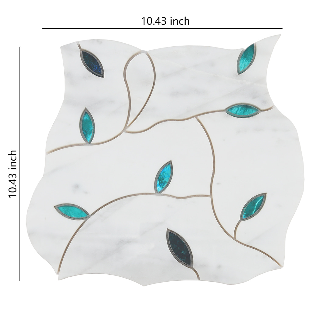 White marble and glass waterjet mosaic tile sheet with curved pattern and teal glass leaf