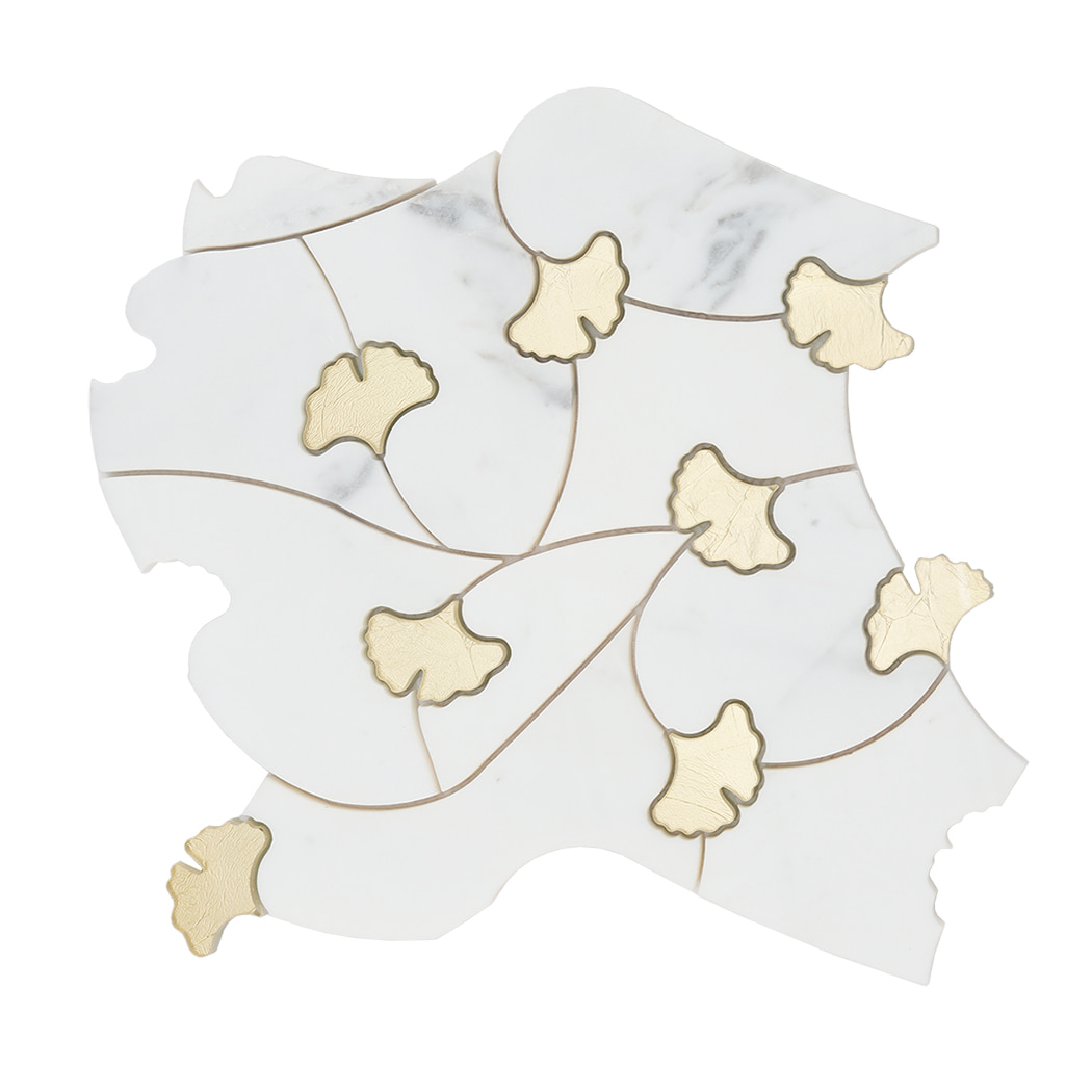 Full sheet of white marble and gold glass waterjet floral mosaic tile