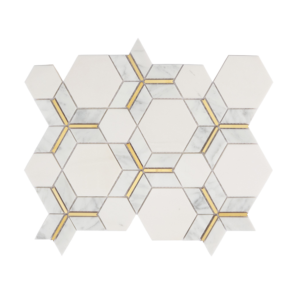 Full sheet of white marble hexagon mosaic tile with gold and gray accents