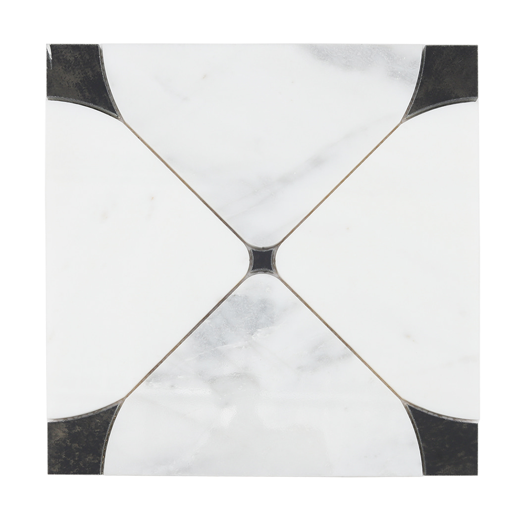 Front view of white square marble waterjet mosaic tile showing geometric curved design
