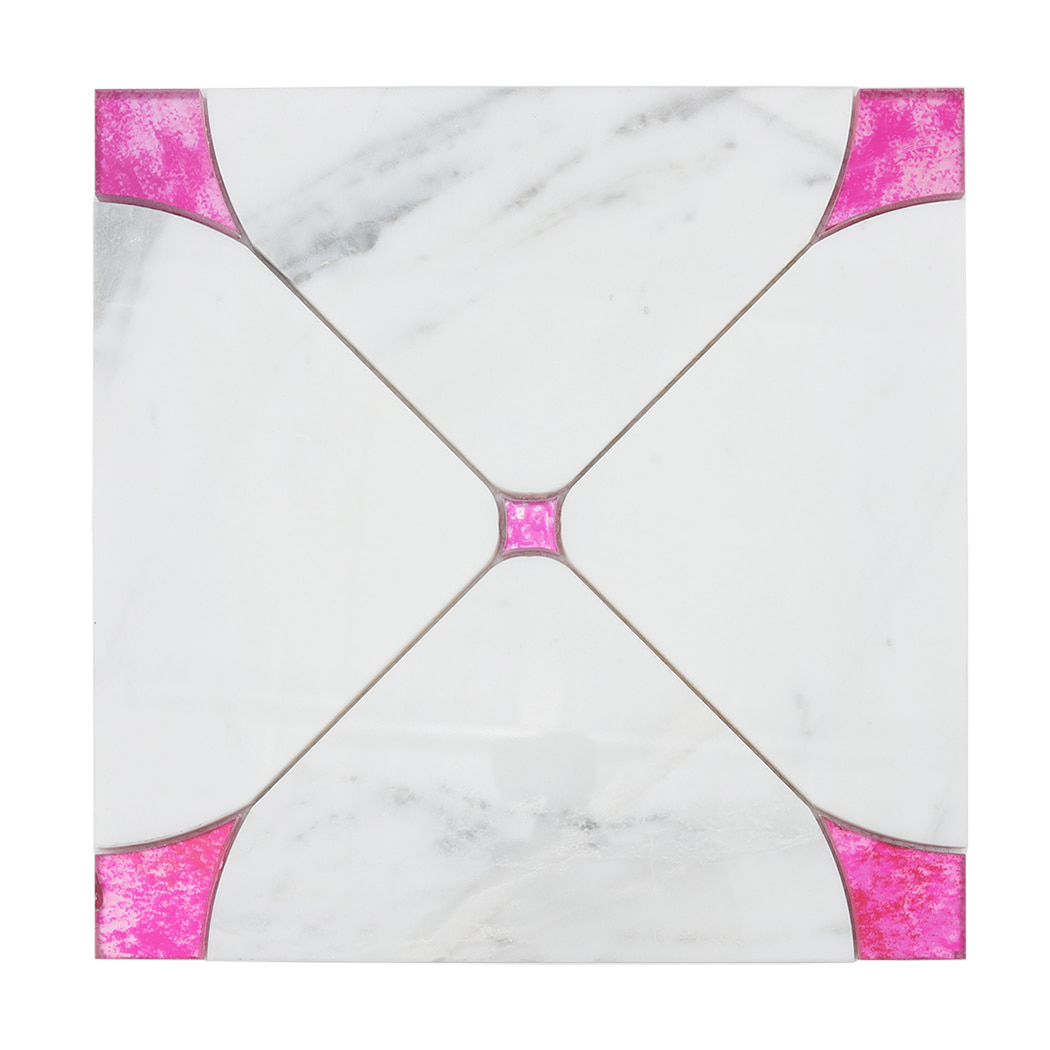 Front view of white marble waterjet mosaic wall tile with pink glass corner details