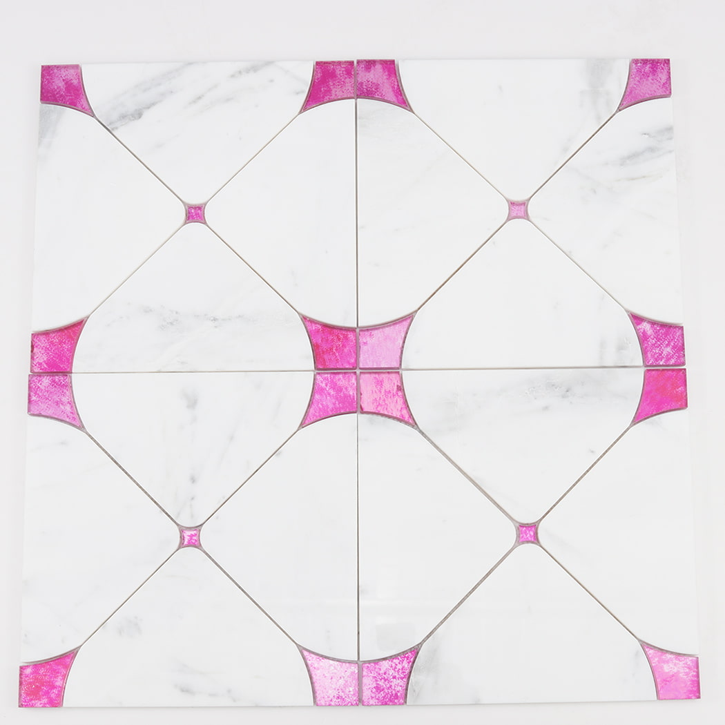 Multiple white marble mosaic tiles arranged into a repeating geometric pattern