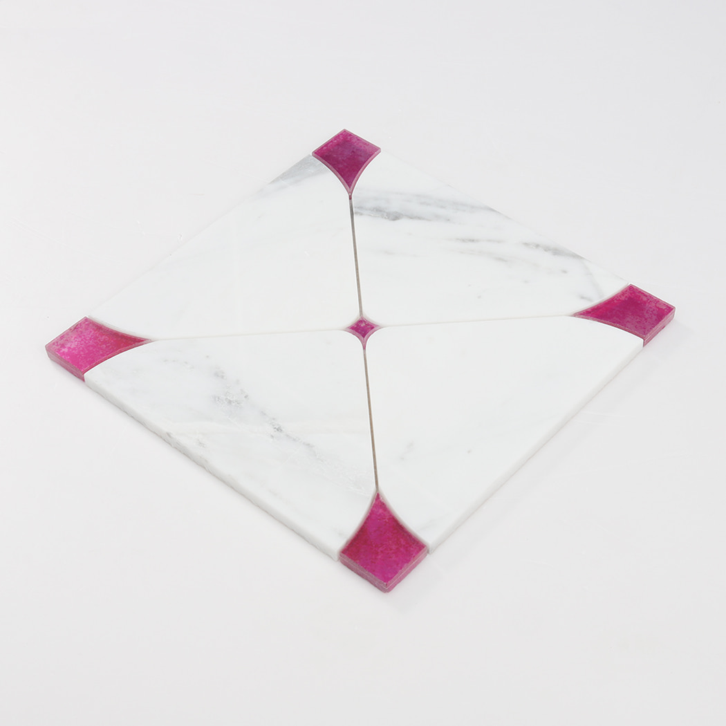 Single sheet of white marble waterjet mosaic wall tile with pink glass accents