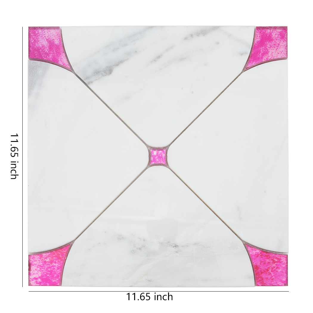 White marble waterjet mosaic wall tile with pink glass accents showing overall size