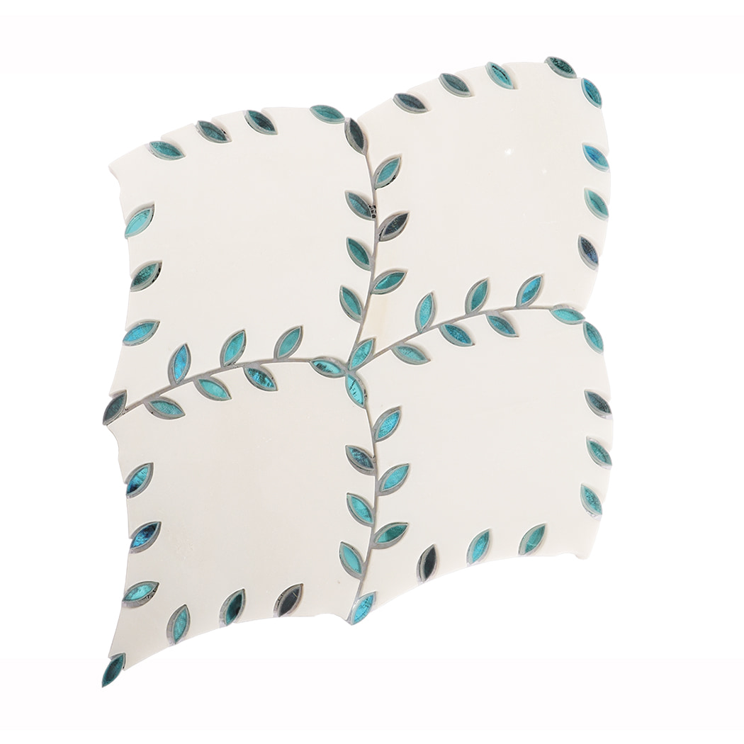 Front view of a white marble mosaic tile featuring blue leaf-shaped glass inlays