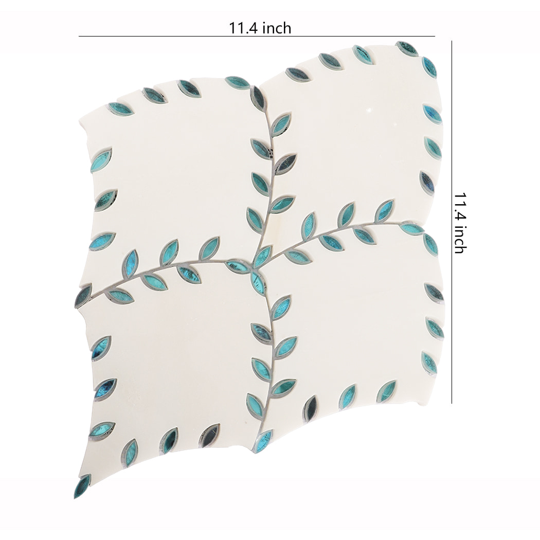 White marble mosaic tile with blue leaf inlays and 11.4 inch size label.
