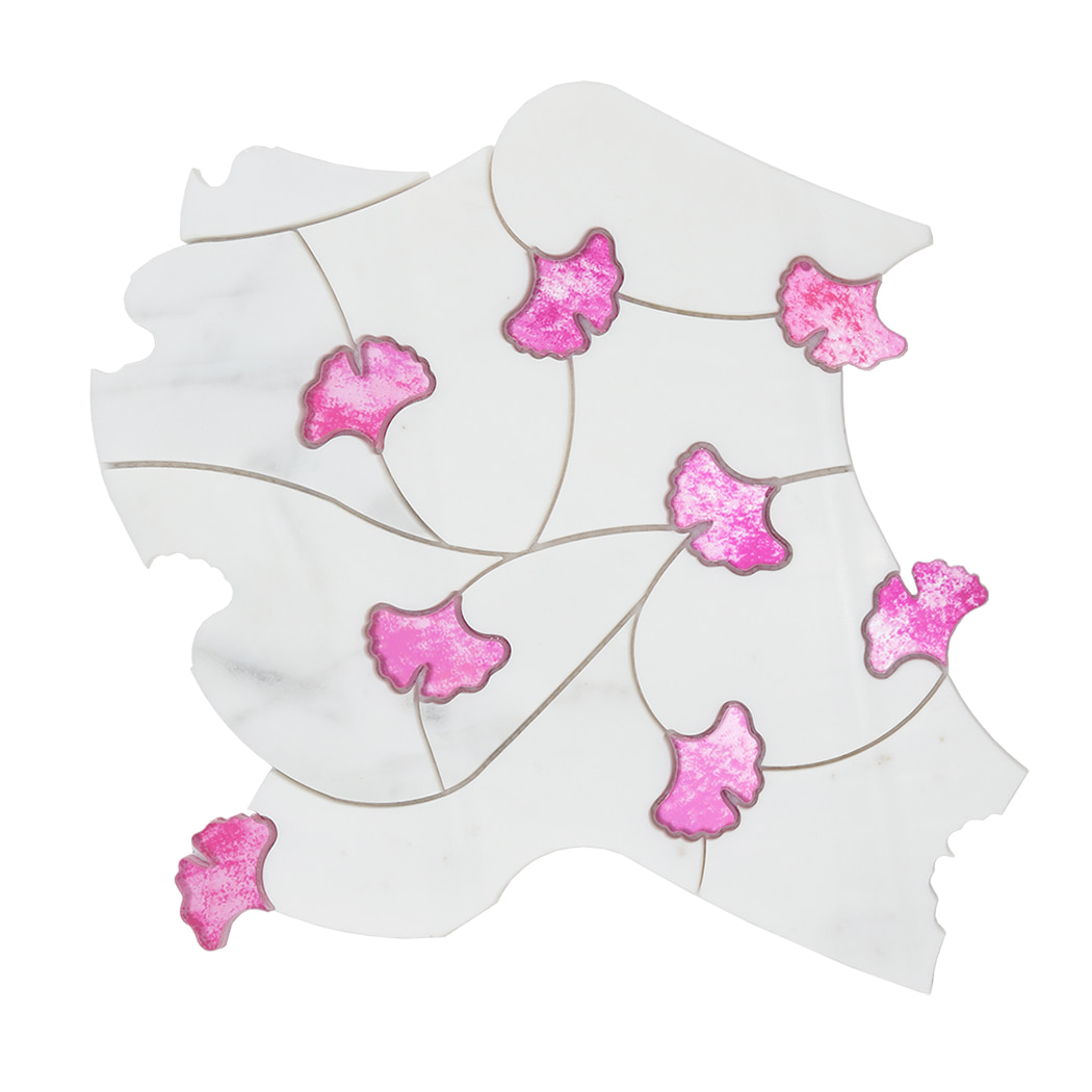 Full sheet of white marble and pink glass waterjet mosaic tile on white background