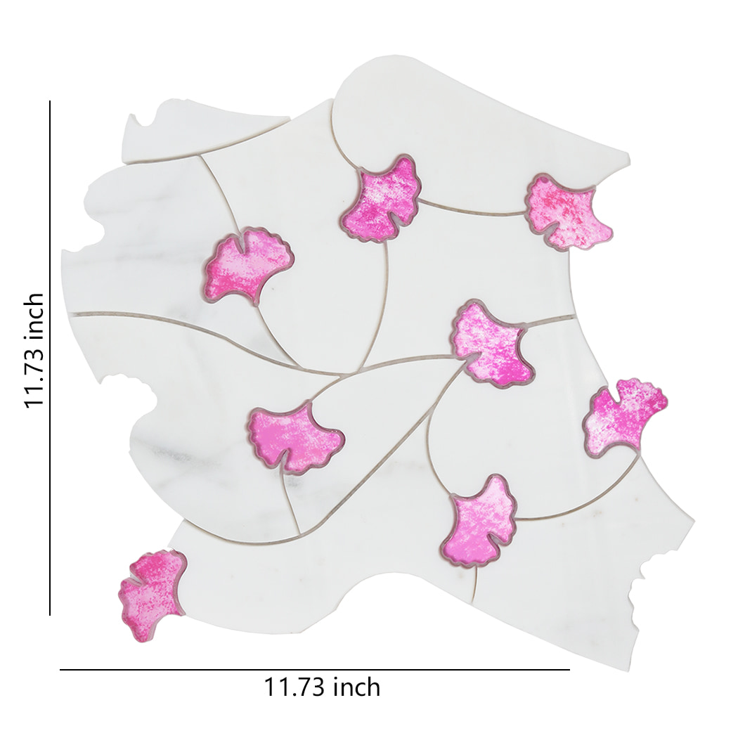 White marble and pink glass waterjet mosaic tile sheet with labeled dimensions