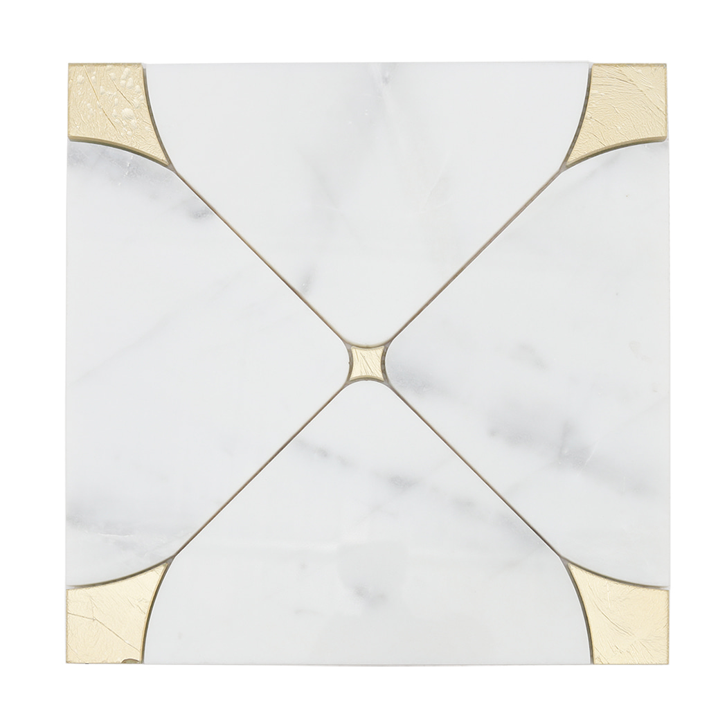 Full sheet white marble square wall mosaic tile featuring gold glass corner details