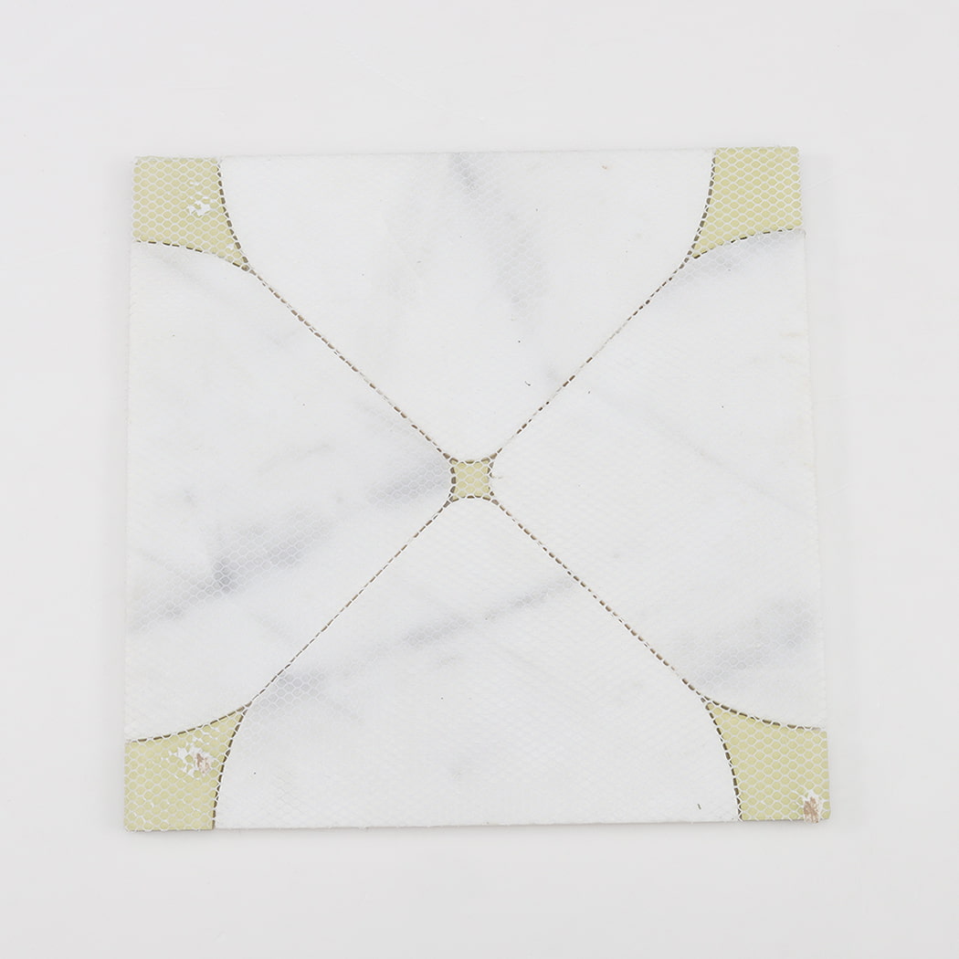 Back mesh view of white marble square waterjet mosaic tile with gold glass accents