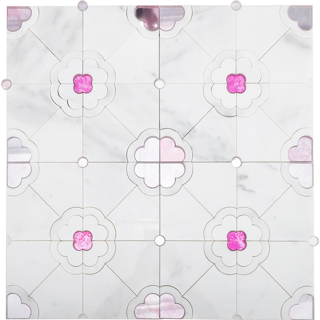 Full layout of white marble tiles featuring pink quatrefoil glass accents.