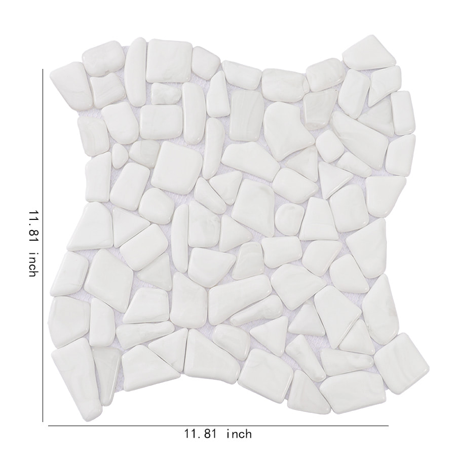 White pebble shaped mosaic tile sheet with size measurements