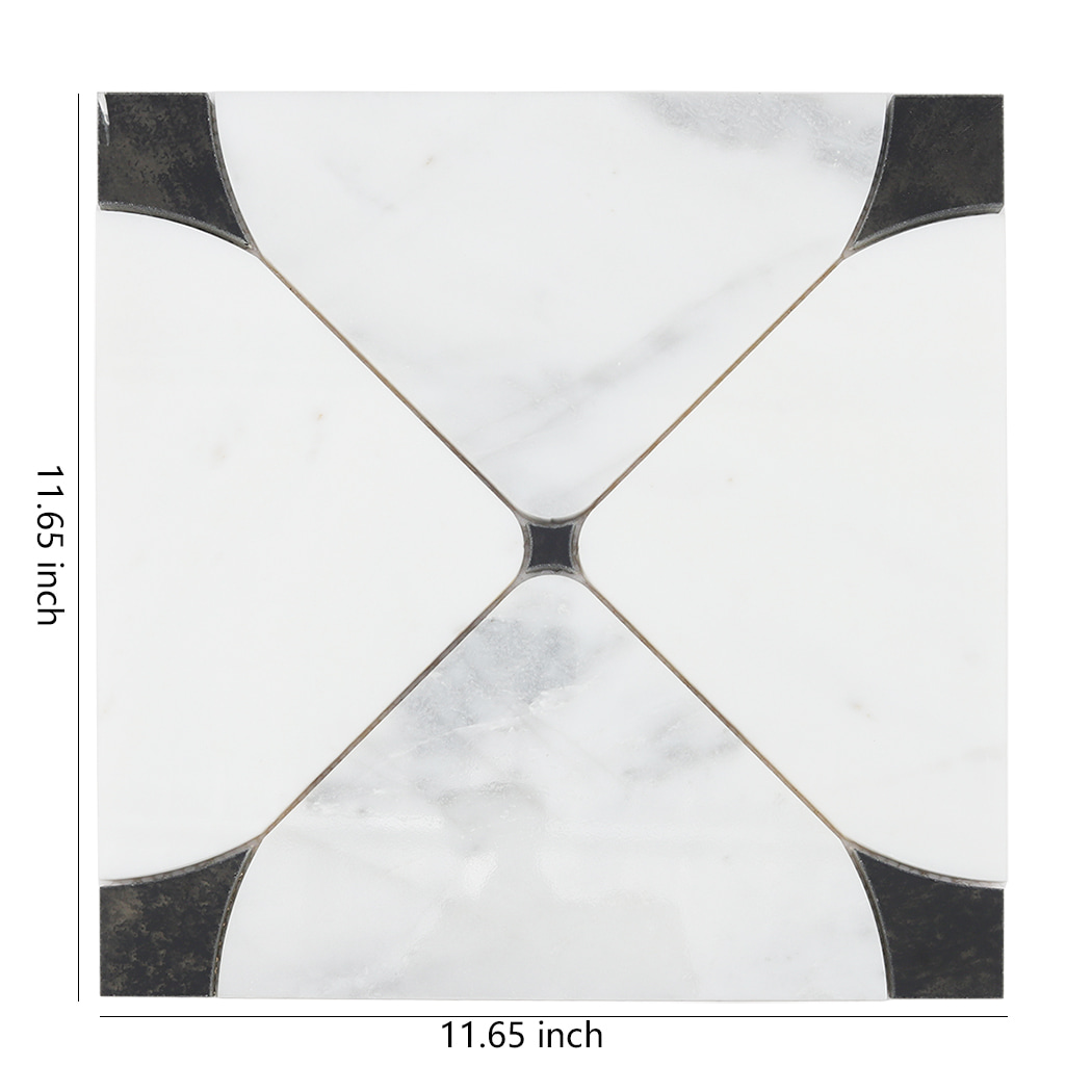 White square marble waterjet mosaic tile with curved segments and black accent corners
