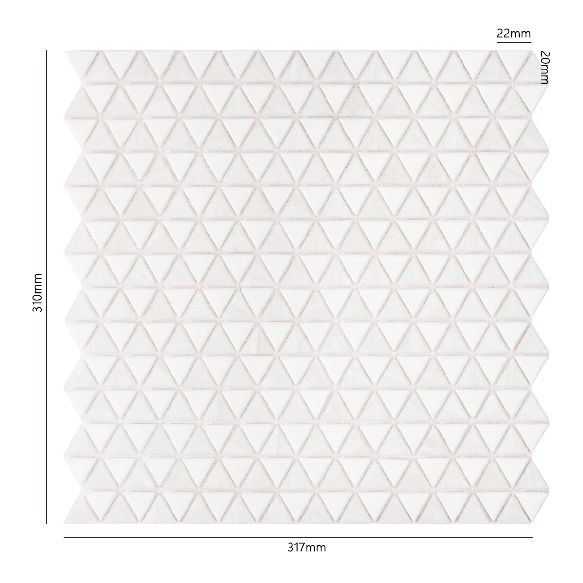 White triangular mosaic tile sheet with size dimensions labeled for precise measurements