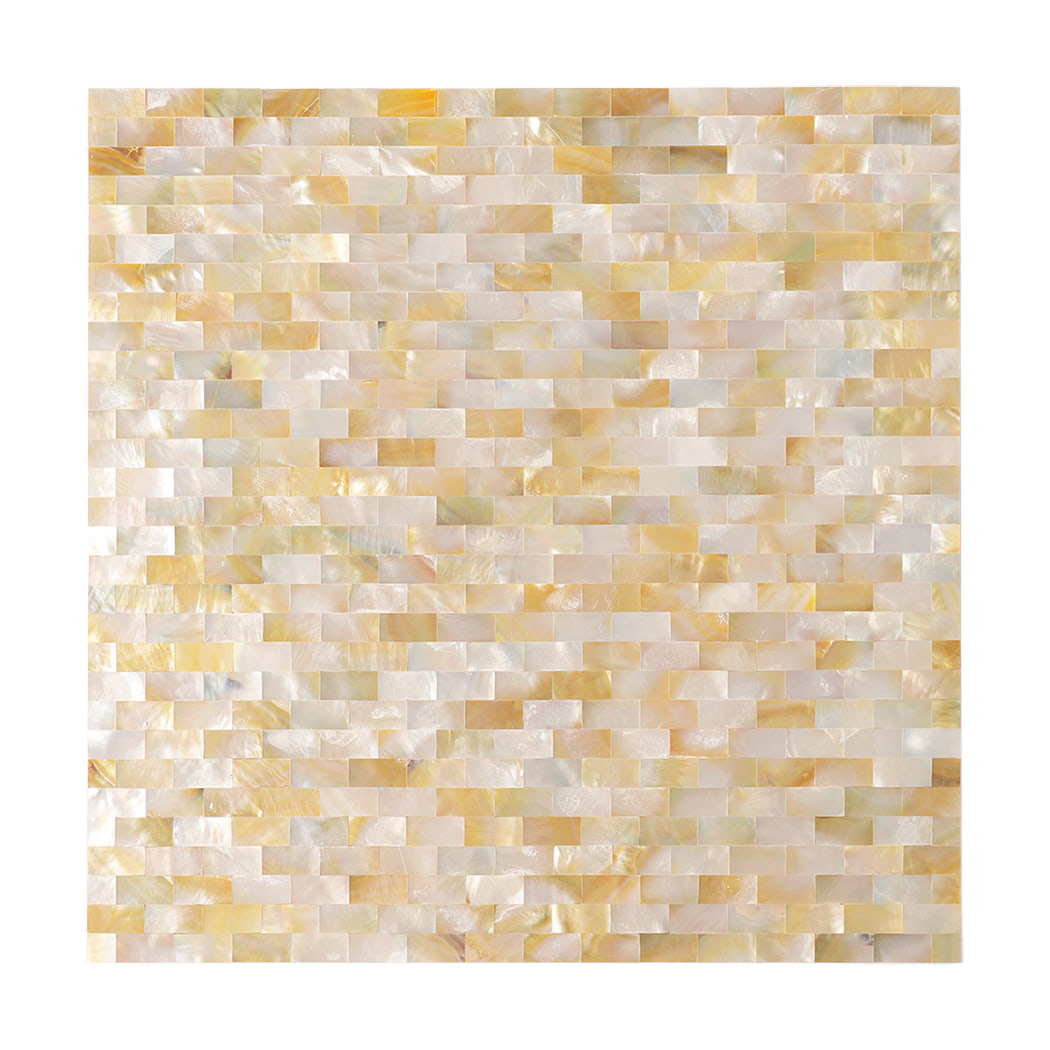 Front view of yellow mother of pearl shell mosaic tile with glossy surface.