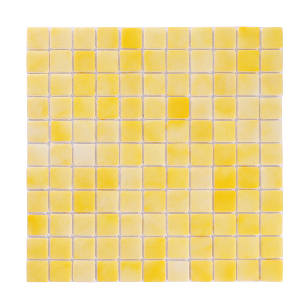 Front view of yellow recycled glass square mosaic tile sheet