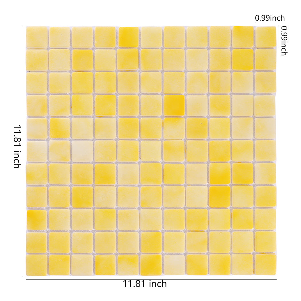 Yellow recycled glass square mosaic tile sheet with size measurements