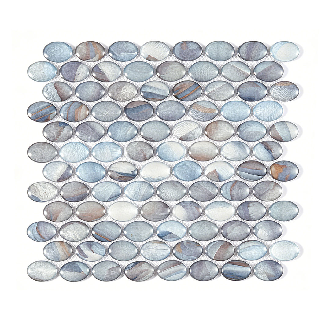 Blue gray abstract oval glass mosaic tile sheet on white mesh background