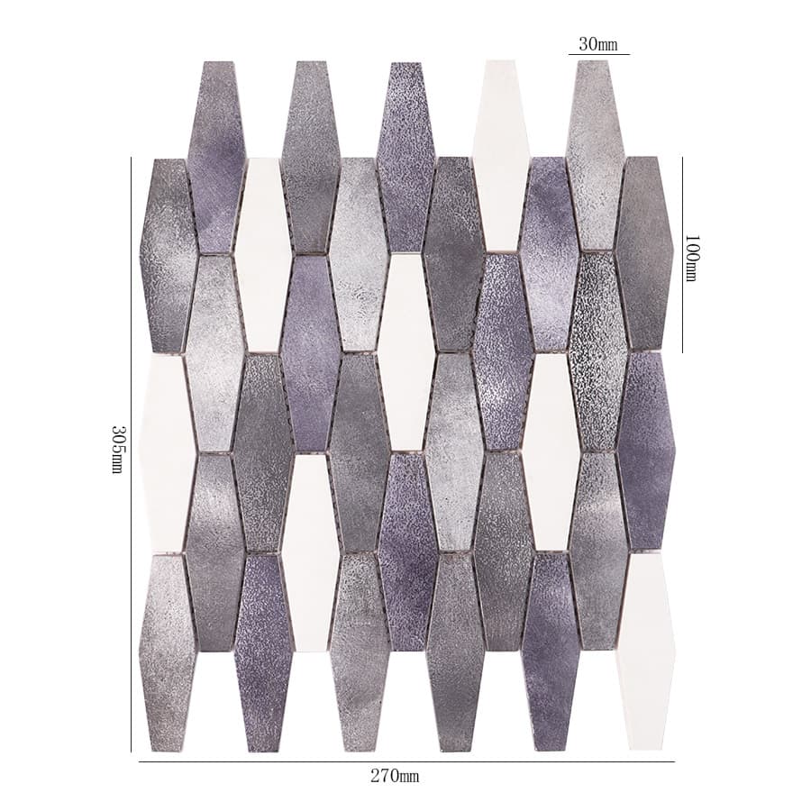Aluminum mosaic tile sheet with silver and white colors and size labels