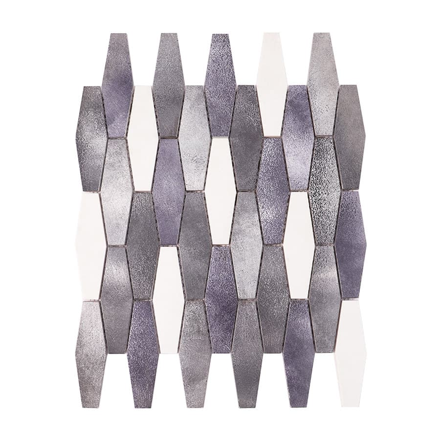 Silver and white aluminum mosaic tile sheet in diamond pattern