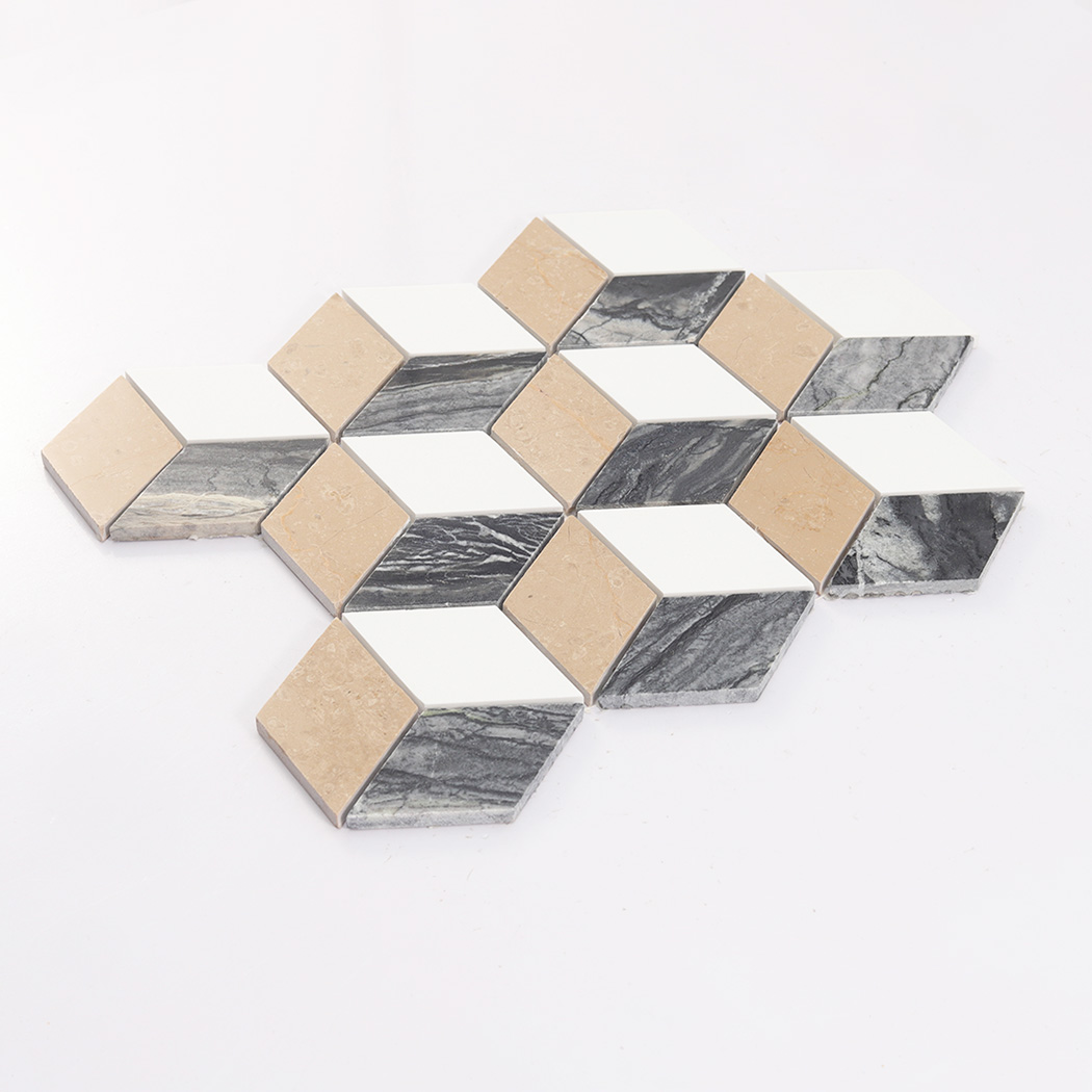 Angled view of beige white and gray cube marble mosaic tile sheet