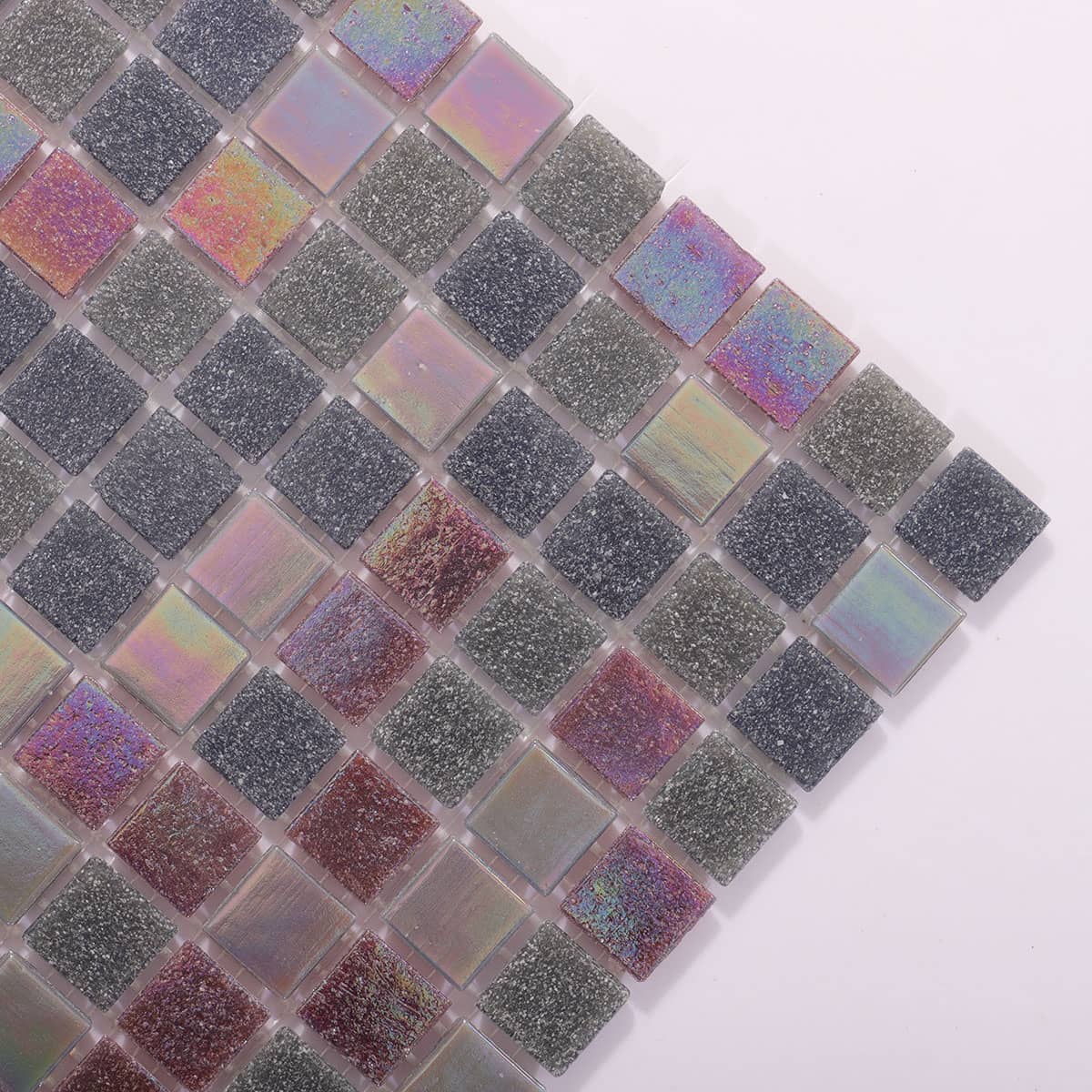 Angled detail of colorful square mosaic tiles