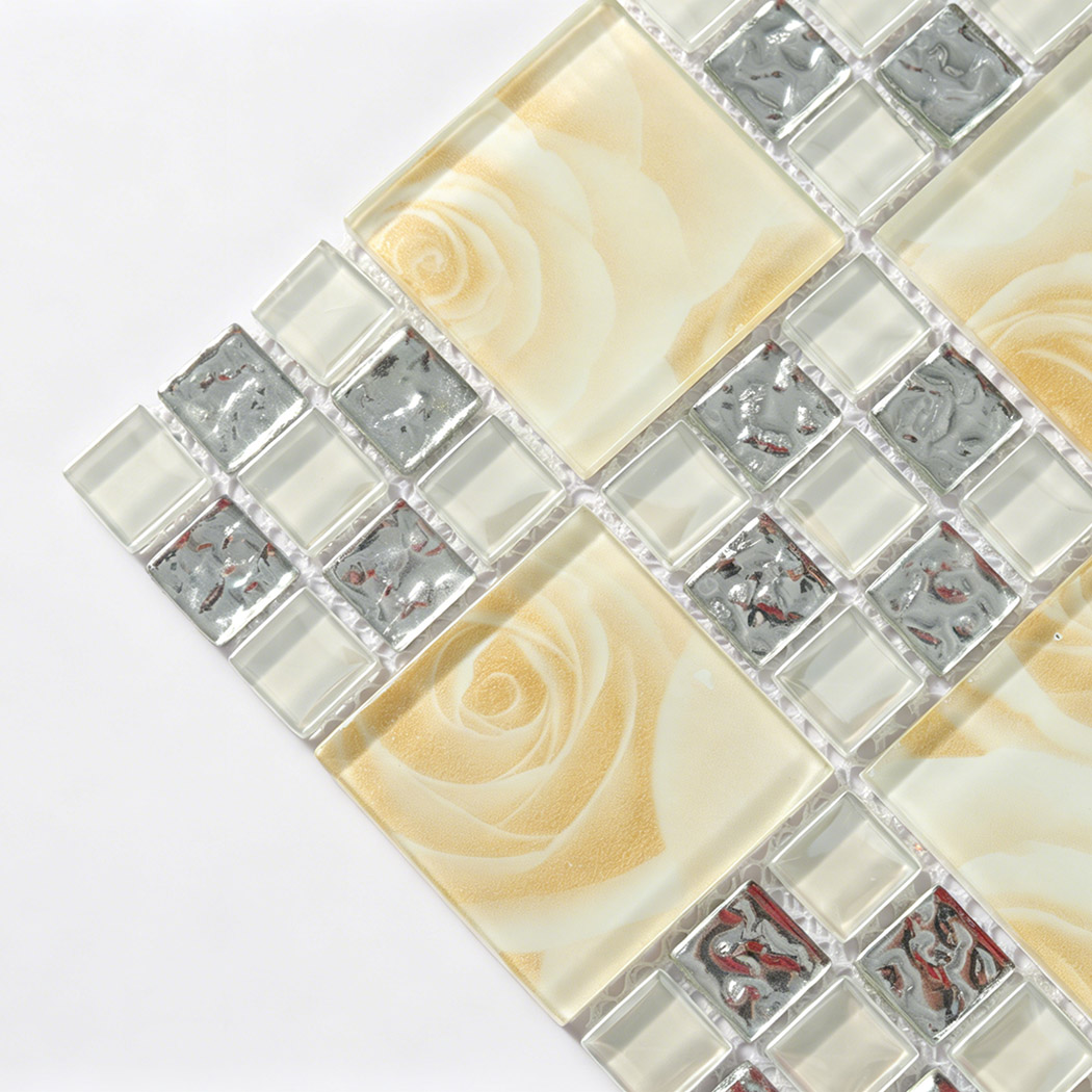 Angled closeup of cream rose glass mosaic with silver and clear accent squares