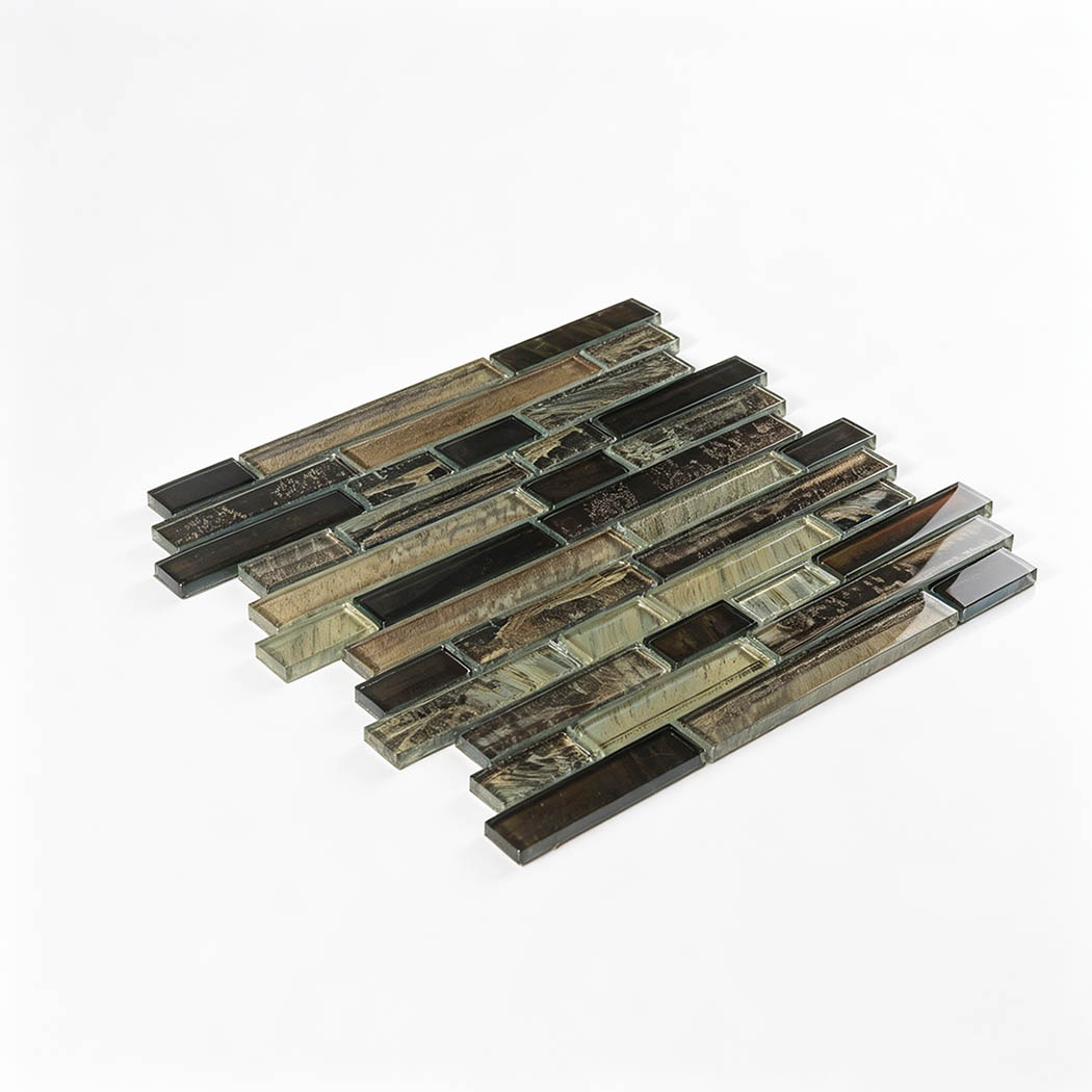 Angled view of dark brown beige linear glass mosaic sheet