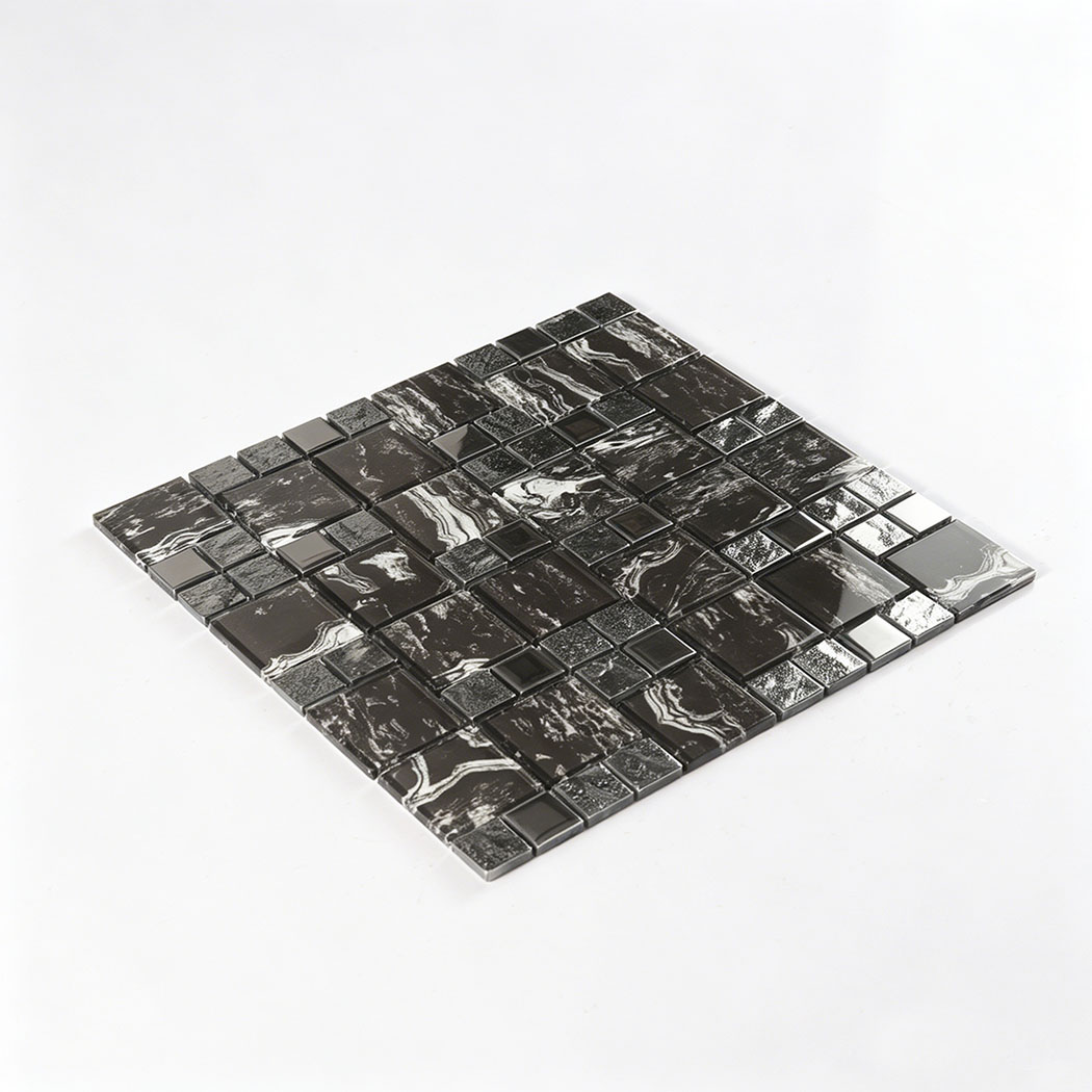 Angled full sheet of black silver gray square glass mosaic tile