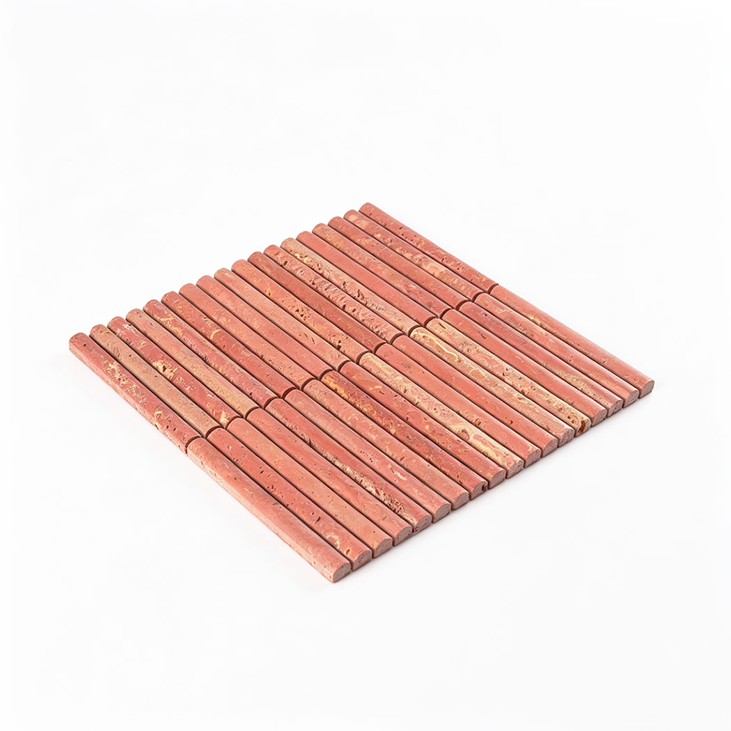 Angled view of red travertine fluted mosaic tile sheet showing strips and pores
