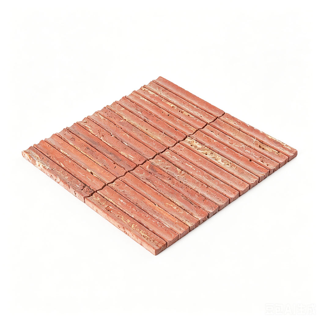 Angled view of red travertine linear mosaic tile sheet on white background
