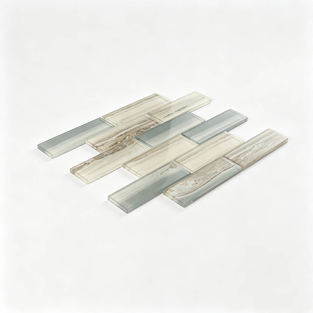 Angled sheet of beige sage glass subway mosaic in staggered layout