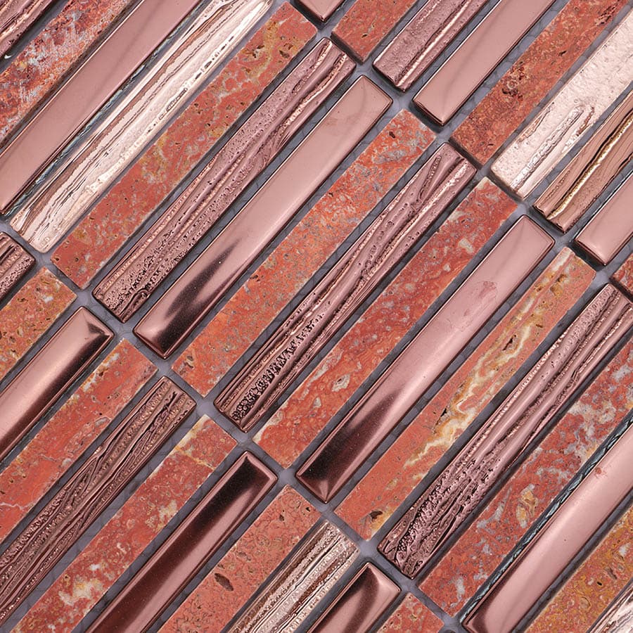 Angled close up of glossy and textured red brown mosaic tiles