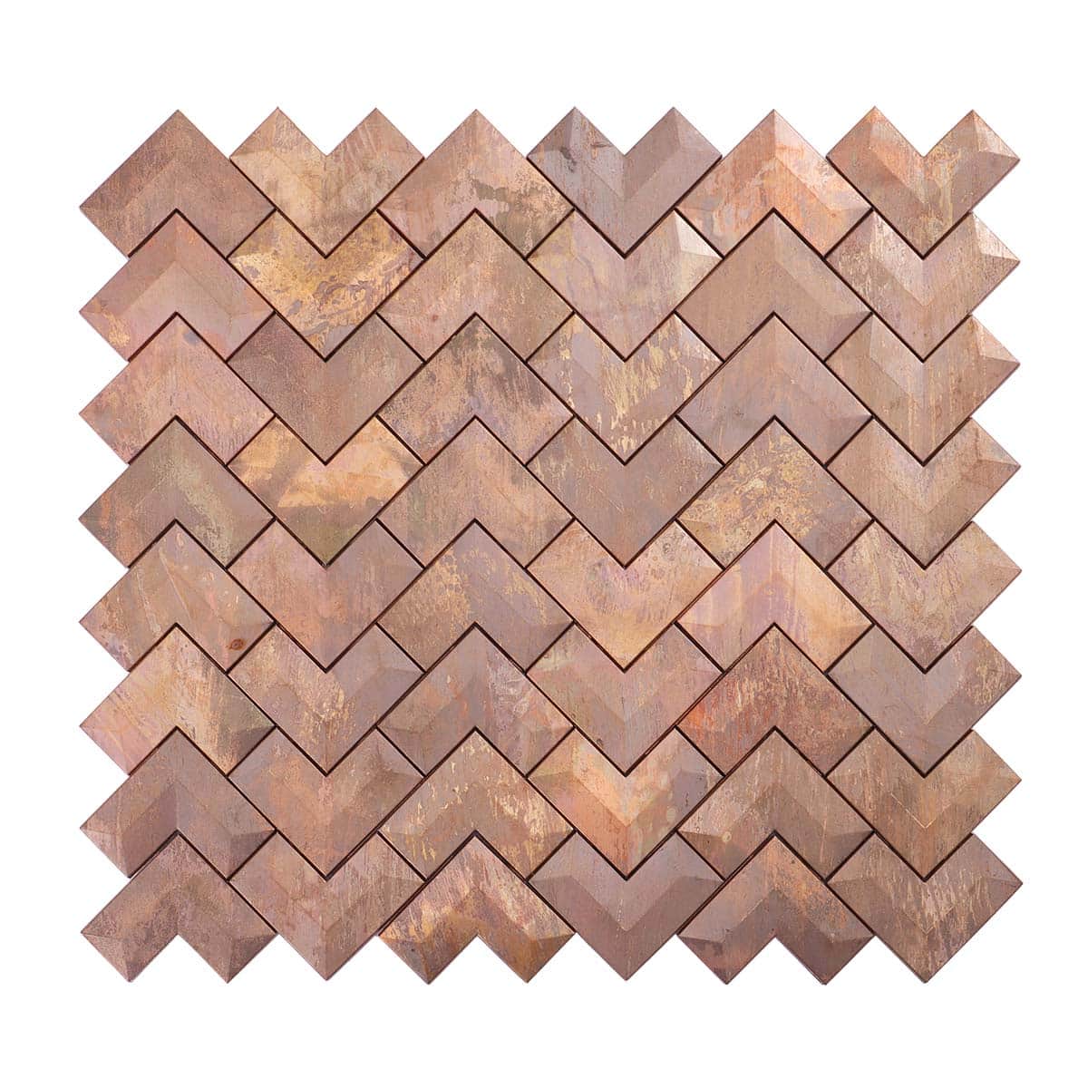 Front view of 3D antique copper chevron metal mosaic tile