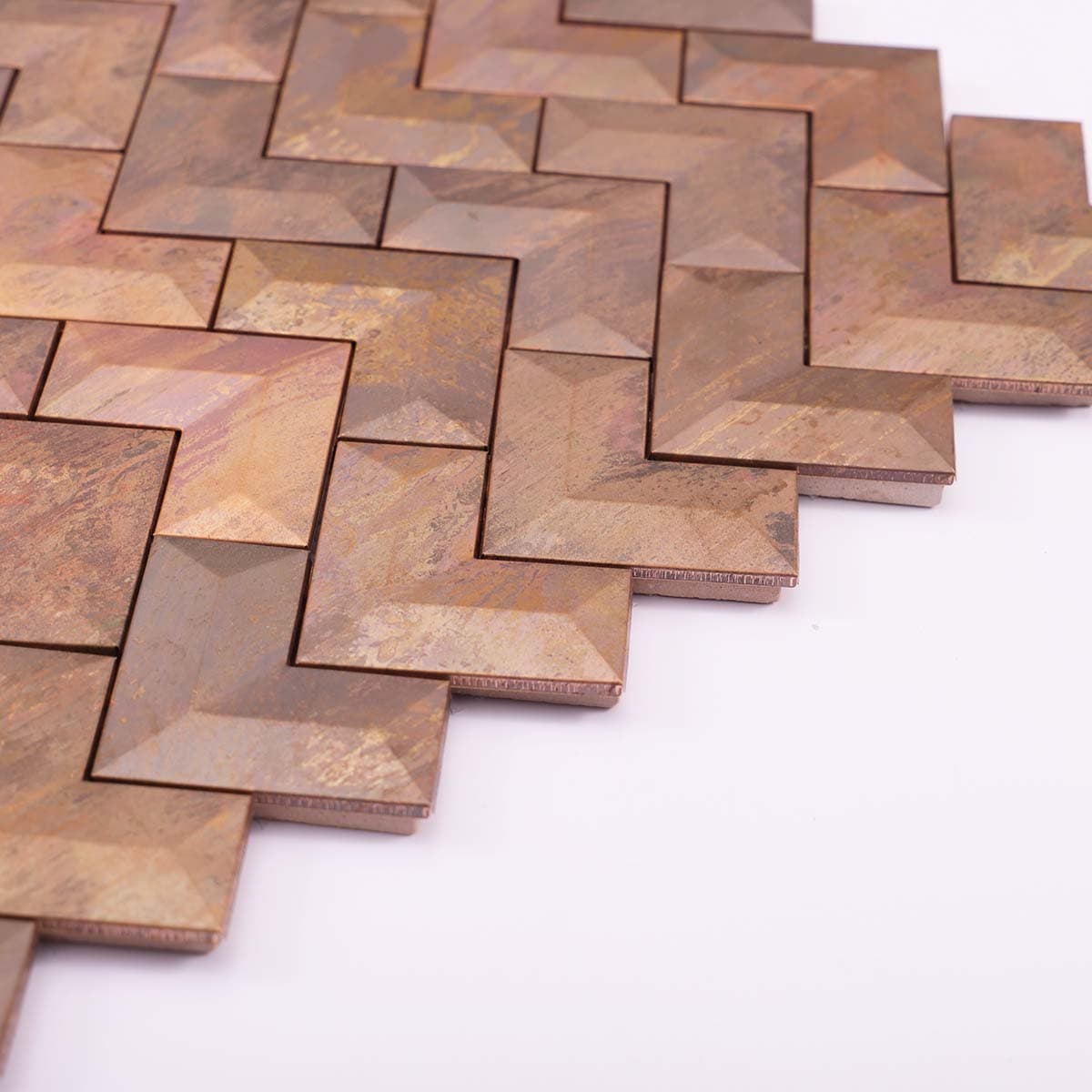 Side view of 3D antique copper chevron mosaic sheet
