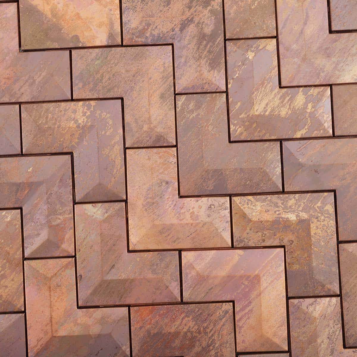Weathered surface pattern of 3D antique copper chevron tile
