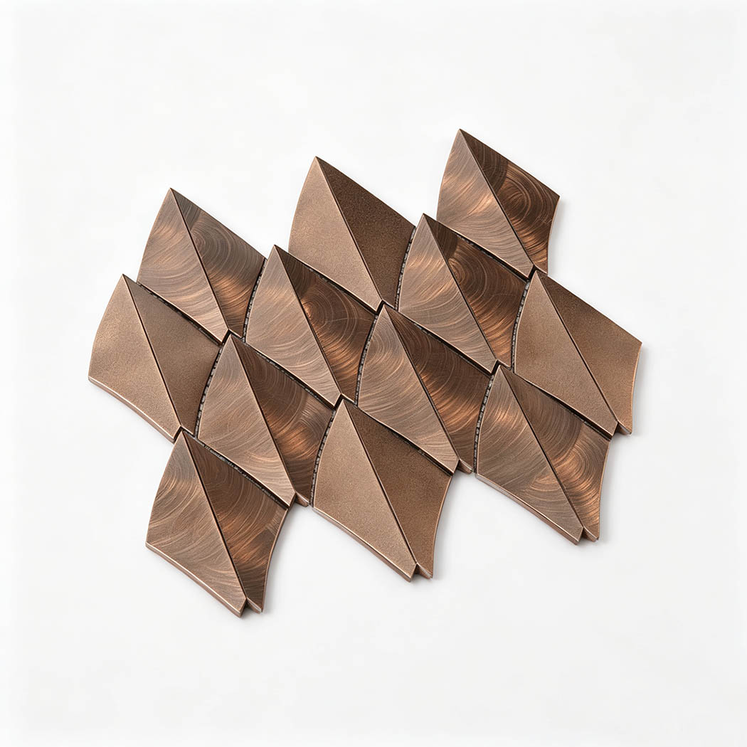 Angled perspective view of antique copper leaf shape aluminum mosaic