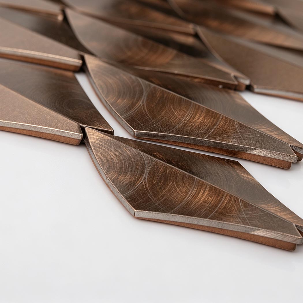 Side edge detail of antique copper aluminum tile with ceramic body