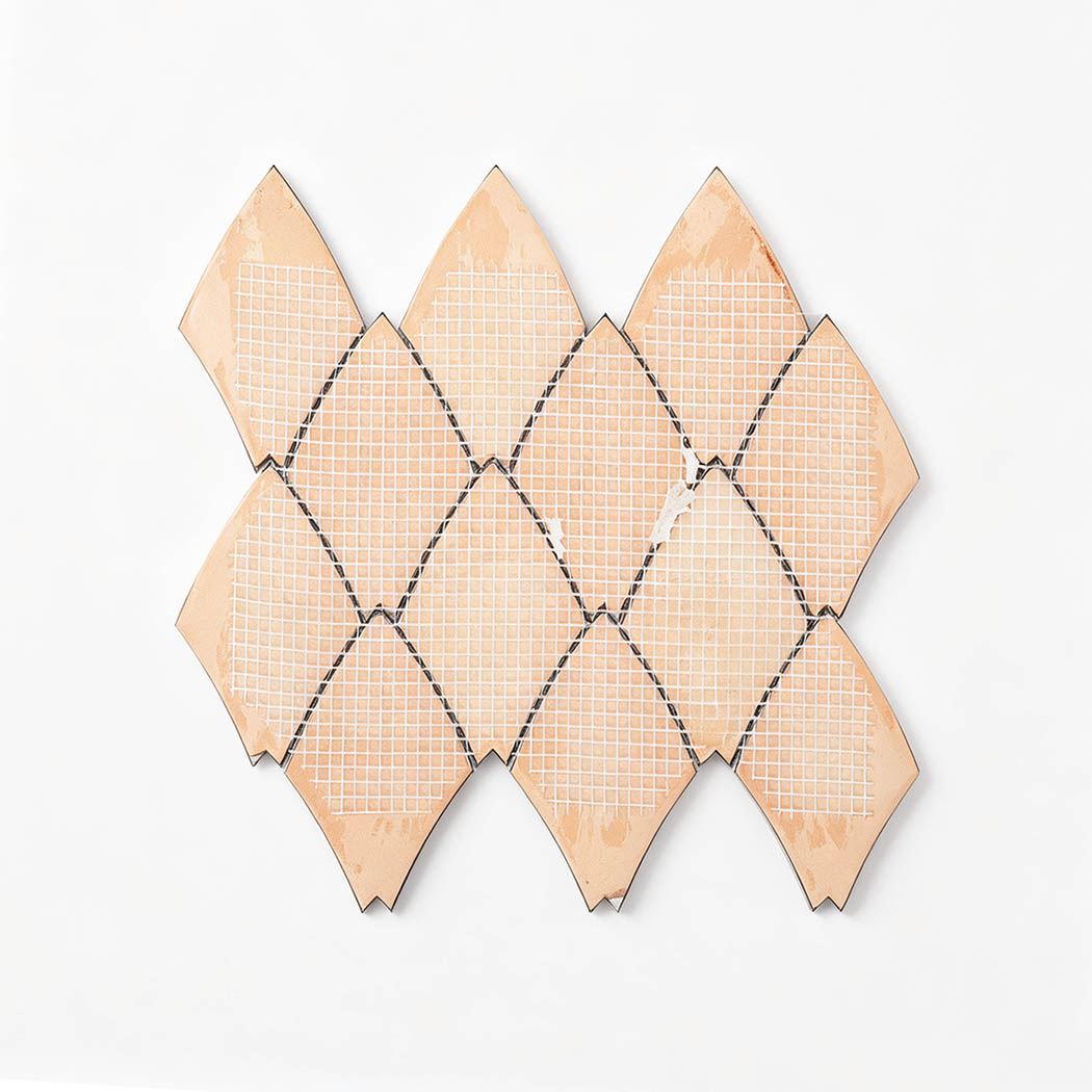 Back view of antique copper leaf aluminum tile sheet showing mesh