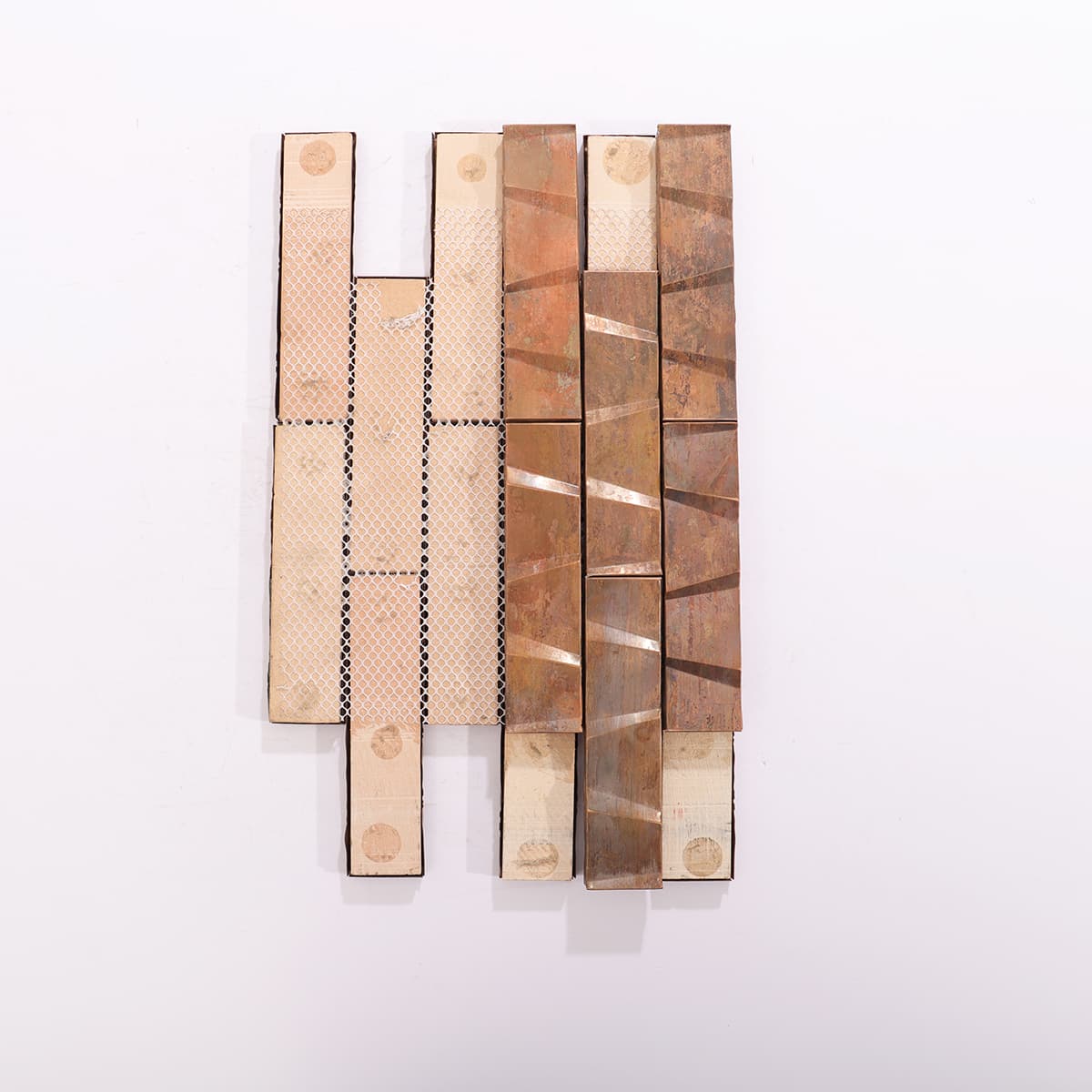 Antique copper 3D long strip tile with mesh backing